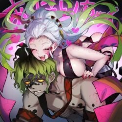 1boy 1girls absurd_res ass_up big_breasts black_hair blush body_markings breast_press breast_squish brother_and_sister cleavage closed_eyes cute daki_(kimetsu_no_yaiba) demon_boy demon_girl demon_slayer eyeshadow facial_markings fangs female gradient_hair green_hair grey_skin gyutaro hair_ornament hi_res kimetsu_no_yaiba lingerie long_hair male obi open_mouth panties pyon-kichi red_nails ribs sharp_fingernails sharp_teeth siblings side-tie_panties sideboob smile sweatdrop two_tone_hair veins veiny_muscles very_high_resolution white_hair wholesome yellow_sclera