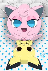 1boy 1girls 2022 absurd_res bed bedroom_eyes black_body black_eyes black_fur black_nose blue_eyes blush_stickers clitoris duo eyelashes female female_penetrated from_above fur furry genitals half-closed_eyes highres jigglypuff male male/female male_penetrating male_penetrating_female missionary_position nintendo on_bed open_mouth open_smile penis pichu pillow pink_body pink_hair pink_skin pokemon pokemon_(species) pokemon_only polka_dot pussy sex signature smile straight two_tone_body two_tone_ears two_tone_fur vagina vaginal_penetration vaginal_sex waddling_head whygenamoon yellow_body yellow_fur