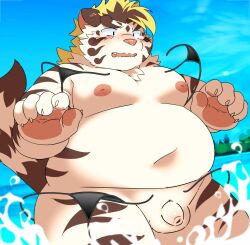 2022 anthro belly big_belly blush detailed_background felid flaccid genitals humanoid_genitalia humanoid_hands humanoid_penis kemono licho_(tokyo_afterschool_summoners) lifewonders male mammal moobs navel nipples outside overweight overweight_male pantherine penis ptcmtr small_penis solo tiger tokyo_afterschool_summoners video_games water