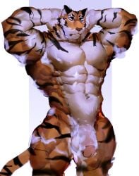 abs absurd_res anthro balls bathing big_muscles black_body black_fur closed_eyes felid fur genitals hi_res male mammal muscular muscular_anthro muscular_male navel nude orange_body orange_fur pantherine pecs penis raised_arms reolixious soap solo standing stripes tiger white_body white_fur