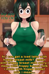apron areola_slip ass big_ass big_breasts big_butt black_eyes blush breasts closed_mouth frog_girl green_hair hourglass_figure iced_latte_with_breast_milk large_breasts long_hair m300art meme my_hero_academia nipple_slip pencil starbucks superheroine text thick_ass thick_thighs tsuyu_asui voluptuous wide_hips