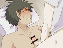 2boys between_pectorals blush brown_hair closed_eyes danganronpa danganronpa_2:_goodbye_despair gay hinata_hajime male male/male male_only nagito_komaeda on_bed pecjob pecs pectorals pillow precum straight_hair yaoi