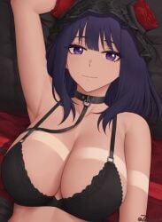 1girls 2022 arm_up armpits artist_signature black_bra blush bra breasts bust_portrait choker cleavage cosplay eyebrows_visible_through_hair female female_only headdress hi_res huge_breasts kitagawa_marin kuroe_shizuku_(cosplay) light_blush looking_at_viewer lying_on_back purple_eyes purple_hair smile sono_bisque_doll_wa_koi_wo_suru zaphn