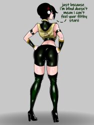 amogus angry avatar_the_last_airbender back_view big_ass big_butt black_hair blind clothing dialogue grey_eyes high_heel_boots high_heels latex looking_at_viewer looking_back once_(artist) short_hair shorts sideboob simple_background straight_hair text text_bubble tight_clothing tomboy toph_bei_fong