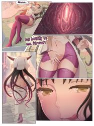 acerok after_masturbation after_orgasm closed_legs clothing comic doujin doujinshi fate_(series) giantess horns implied_unbirth large_breasts licking_lips moan multicolored_hair panties purple_hair sesshouin_kiara skirt solo solo_female speech_bubble stockings unbirthing wet wet_pussy yellow_eyes