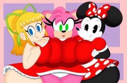 3barts alternate_body_type alternate_breast_size amy_rose big_ass big_breasts disney hugging mega_man mega_man(classic) mickey_mouse_shorts minnie_mouse pac-man_eyes roll sega sonic_(series) thick_thighs