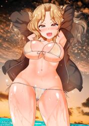 aquaegg bikini blonde_hair blue_eyes blush breasts cameltoe cleavage cloud cloudy_sky eyebrows_visible_through_hair female female girls_und_panzer highres jacket kay_(girls_und_panzer) large_breasts looking_at_viewer navel open_mouth outdoors shiny shiny_hair shiny_skin side-tie_bikini sky smile solo swimsuit white_bikini