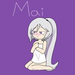 1girls blushing fnafhs fnafhs_z3ro long_hair mai_(fnafhs) pale_skin ponytail purple_eyes smiling_at_viewer towel towel_only white_hair