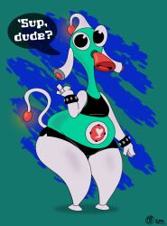 ambiguous_gender animate_inanimate breathotter cartoony clothing green_body hi_res humanoid legwear not_furry slightly_chubby text thigh_highs unknown_(disambiguation) unknown_species white_body zizzle