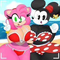 3barts alternate_body_type alternate_breast_size amy_rose beach big_ass big_breasts disney mickey_mouse_shorts minnie_mouse sonic_(series) sonic_the_hedgehog_(series) swimsuit thick_thighs