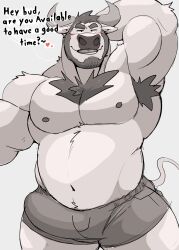 1boy 2022 absurd_res anthro armpit_hair barazoku beard belly biceps big_bulge big_muscles blush body_hair bovid bovine bulge bull cattle chest_hair clothed clothing dialogue english_text erection erection_under_clothing eyebrows facial_hair genital_outline greyscale hair hand_behind_head heart hi_res horn inviting looking_at_viewer male male_only mammal monochrome musclegut muscular muscular_anthro muscular_male narrowed_eyes navel nipples obliques pecs penis_outline smile solo standing talking_to_viewer teeth text tongue underwear vitashi