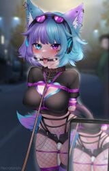 1girls animal_ears big_breasts blue_eyes blue_hair blush bondage bound_arms bound_legs breasts clothed clothed_female clothing collar ear_piercing female femsub fishnet_legwear fishnet_thighhighs fishnets gag gagged happy_sub headphones heart heterochromia indie_virtual_youtuber kawaiigrin leash leash_and_collar leash_pull light-skinned_female light_skin looking_pleasured necrotenshi nipple_bulge phone phone_screen piercings pubic_tattoo public public_humiliation public_vibrator purple_eyes purple_hair pussy_juice pussy_juice_stain pussy_juice_trail recording ring_gag saliva saliva_drip saliva_trail thick_thighs thighhighs tongue tongue_out tongue_piercing twitch two_tone_hair vibrator vibrator_on_pussy virtual_youtuber wand_vibrator wet_pussy wet_shorts wolf_ears wolf_girl wolf_tail