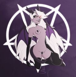 1girls black_legwear black_lipstick choker earrings female_only hazbin_hotel horns long_hair long_sleeves mostly_nude nipple_covers pentagram purple_background smooth_skin solo solo_female species_swap succubus succubus_vaggie tail thighhighs vaggie_(hazbin_hotel) vivienne_medrano vivziepop white_hair wings