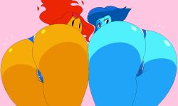 2girls adventure_time ass ass_focus ass_up asses_touching big_ass big_thighs blue_hair blue_skin blue_swimsuit blush bottom_heavy bubble_ass bubble_butt butts_touching crossover dat_ass dream-cassette female female_only fire fire_hair flame_princess highres hoshime lapis_lazuli_(steven_universe) large_ass looking_at_viewer looking_back looking_down low-angle_view mob_face multiple_girls one-piece_swimsuit orange_skin pink_background ponytail pov pov_ass presenting_hindquarters pussy red_gem red_hair shadow shiny_ass shiny_skin short_blue_hair short_hair showing_off simple_background smug steven_universe swimsuit thick_ass thick_thighs thighs thong uninterested