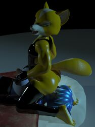 3d absurd_res anthro canid canine duo facesitting female fox fox_mccloud hi_res krystal latex male male/female mammal mostly_nude muscular muscular_male nintendo rubber star_fox themeshow101 video_games