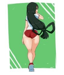 1girls absurd_res artist_name ass ass_focus back black_eyes bloomers border bra buruma clothing female footwear full_body green_background green_hair gym_uniform hi_res large_ass legs_together long_hair looking_at_viewer looking_back low_tied_hair my_hero_academia nose red_shoes shirt shoes short_sleeves solo sports_bra sports_uniform standing thick_thighs thighs tied_hair tongue tongue_out tsuyu_asui underwear viewed_from_behind white_border white_shirt zeromomentai