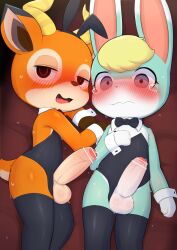 absurd_res animal_crossing anthro balls beau_(animal_crossing) black_clothing blonde_hair blush bodily_fluids bow_tie cervid clothed clothing crossdressing cuffs_(clothing) duo erection fake_ears fake_rabbit_ears fur genitals green_body green_fur grey_eyes hair half-closed_eyes hi_res horn humanoid_genitalia humanoid_penis lagomorph leggings legwear leporid looking_at_viewer male male/male mammal narrowed_eyes nintendo open_mouth orange_body orange_fur penis rabbit sasha_(animal_crossing) sweat sweatdrop swimwear video_games yousan