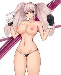 1girls bikini bikini_bottom black_boxing_glove black_glove blonde_hair blue_eyes boxing boxing_gloves commission commissioner_upload danganronpa female female_only junko_enoshima mismatched_boxing_gloves simple_background solo straight_hair topless topless_boxing twintails two_tone_bikini white_boxing_glove white_glove