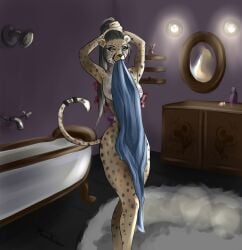 2016 after_bath anthro bath bathroom bathtub biting_object breasts cheetah digital_media_(artwork) felid feline female fur hi_res holding_object holding_towel mammal markings mirror nipples nude rozdziawke solo spots spotted_body spotted_fur spotted_markings spotted_tail standing tail_markings towel towel_only