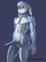 2022 abs anthro big_penis blue_body blue_fur cammyjazz colored erection foreskin fur genitals hair hi_res humanoid_genitalia humanoid_penis lagomorph leporid long_ears long_penis looking_aside male mammal muscular muscular_anthro muscular_male penis pinup pose rabbit shaded simple_background solo yellow_eyes