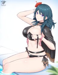 1girls 2022 absurdres alternate_costume artist_logo artist_name artist_signature bare_legs bikini black_bikini black_cape black_swimsuit blue_eyes blue_hair breasts byleth_(female)_(fire_emblem) byleth_(female)_(summer)_(fire_emblem) byleth_(fire_emblem) byleth_(fire_emblem)_(female) cape cleavage commentary english_commentary eyebrows_visible_through_hair feet_out_of_frame female female_only fire_emblem fire_emblem:_three_houses fire_emblem_heroes flower flower_hair_ornament hair_flower hair_ornament hi_res hibiscus highres hips kaos_art knife large_breasts lips long_hair looking_at_viewer navel nintendo official_alternate_costume partially_submerged patreon_username pink_lips pool purple_eyes red_flower sitting slim_waist smile soaking_feet solo swimsuit teasing thick_thighs thighs undressing water wide_hips