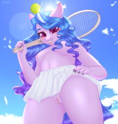 anthro anthrofied blue_hair equid equine female genitals gunya hair hand_on_hip hasbro holding_object horn izzy_moonbow_(mlp) low-angle_view mammal mlp_g5 my_little_pony pussy solo tennis_racket unicorn