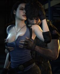 1boy 1girls 3d aroused artist_request brown_hair capcom carlos_oliveira clothed_female clothed_male eyes_closed gloves grabbing_breasts hand_on_head imminent_sex interracial jill_valentine jill_valentine_(sasha_zotova) kissing_shoulder muscular_male necklace one_breast_out pale-skinned_female passionate resident_evil resident_evil_3 resident_evil_3_remake romantic romantic_couple short_hair softcore tan-skinned_male