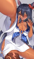 absurdres animal_ears armpit_focus armpits ass bangs bare_shoulders bikini_tan black_hair blush breasts cleavage dark_skin dripping female hair_ornament hand_up highres hishi_amazon_(umamusume) horse_ears horse_girl horseshoe kshimu leather_strap long_hair looking_at_viewer loose_clothes loose_shirt one_eye_closed open_mouth outstretched_arm paw_pose red_eyes sailor_collar sailor_shirt selfie shirt simple_background sitting solo steam sweat sweatdrop sweating_profusely swimsuit swimsuit_under_clothes tan tanlines umamusume very_long_hair wet white_shirt