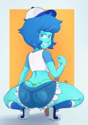 1girls alternate_version_available ass baseball_cap baseball_uniform big_ass big_butt blue_hair blue_skin breasts butt cap cartoon_network eye_contact female female_only gem_(species) lapis_lazuli_(bob) lapis_lazuli_(steven_universe) looking_at_viewer minishorts short_hair shorts smile socks solo spakka5 squatting steven_universe thick_thighs