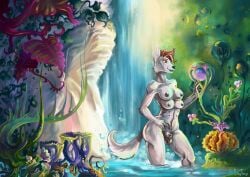 alien_planet animal_genitalia anthro balls bathing breasts canid canine cliff flower forest forest_background fully_sheathed futanari genitals gynomorph intersex looking_away mammal multi_breast nature nature_background nipple_piercing nipples nude piercing plant sheath silkyfangs solo tree waterfall