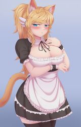 1girls animal_ears arm_under_breasts blonde_hair blue_eyes blush boob_window breasts cat_ears cat_tail catgirl cleavage felid_humanoid feline feline_humanoid female freckles freckles_on_breasts freckles_on_chest freckles_on_face large_breasts light-skinned_female light_skin maid maid_dress maid_headdress maid_outfit maid_uniform nekomimi pout pouting ribbon solo solo_female solo_focus thor_chan virtual_youtuber vrchat