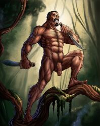 balls bara black_hair body_hair facial_hair flaccid ilovefsushi knife knives kraven_the_hunter love_sushi male male_only marvel marvel_comics muscles muscular nude penis solo solo_male spider-man_(series)