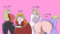 1girls anus ass big_ass big_breasts blonde_hair blue_eyes clothed clothing crown curtain_call_challenge female female_only hair_down huge_ass huge_butt jones_boi light-skinned_female light_skin milf mooning mother nightgown ousama_ranking pointy_nose pussy queen_hilling ranking_of_kings solo wide_hips