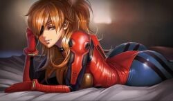 asuka_langley_sohryu big_ass clothing curvy dantewontdie eye_patch eyepatch fully_clothed laying_down neon_genesis_evangelion plugsuit red_hair skin_tight voluptuous