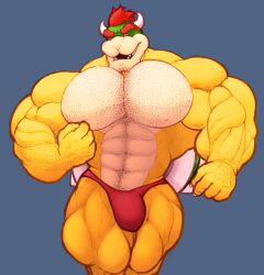 abs arm_hair body_hair bodybuilder bowser bulge chest_hair flaccid hairy horns male male_only mario_(series) muscles muscular muscular_anthro muscular_male nintendo nipples pecs penis red_eyes red_hair ripped-saurian shell solo solo_male speedo stubble