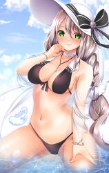 1girls 2021 absurdres aquila_(azur_lane) aquila_(sardegnian_shallows_and_sunshine)_(azur_lane) azur_lane bikini black_bikini black_ribbon blue_sky braid breasts center_opening choker cloud eyebrows_visible_through_hair female female_only green_eyes hair_between_eyes hair_ribbon halterneck hat hat_ribbon highres large_breasts light-skinned_female light_skin long_hair looking_at_viewer official_alternate_costume origami_aya ribbon sardegna_empire_(azur_lane) signature single_braid sky smile solo sun_hat swimsuit very_long_hair water white_choker white_headwear white_ribbon