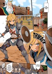 2boys age_of_calamity angry angry_face armor bara bl blonde_hair blue_eyes breath_of_the_wild colorized comic comic_page convincing_armor cute_male decensored english_text fighting gay height_difference hi_res hyrule_warriors:_age_of_calamity king link link_(breath_of_the_wild) male_only morikoke rhoam_bosphoramus_hyrule size_difference soldier speech_bubble tan_skin the_legend_of_zelda twink yaoi