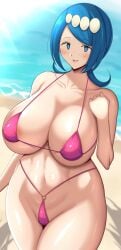 1girls big_breasts bikini blue_eyes blue_hair breasts female female_only freckles hair_ornament hi_res human lana's_mother_(pokemon) mature mature_female milf mob_face nintendo pokemon pokemon_sm solo tanaken tied_hair voluptuous wide_hips