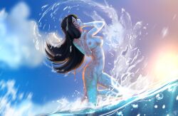 1girls areolae ass big_breasts black_hair breasts burn_scar closed_eyes completely_nude dutch_angle female female_only hairless_pussy happy highres ikezawa_hanako jumping katawa_shoujo legs long_hair naked nipples nude ocean pussy scar shaved_pussy smile solo splash sugarlover77 water