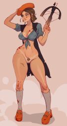 1girls beret big_breasts bottomless brown_eyes brown_hair cleavage cloak clogs crossbow female_only hoop_earrings hornyx kneehighs platform_footwear platform_shoes socks tan_lines thin_waist wide_hips