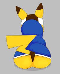 1boy 2022 ass big_ass blue_hoodie blue_topwear bottomless brown_body brown_fur clothing cocampplus fur game_freak grey_background hat headwear highres hoodie male male_only mammal mouse murid nintendo no_humans pikachu pokémon_(species) pokemon pokemon_only raised_tail rear_view rodent shadow simple_background sitting solo solo_focus tail topwear two_tone_ears two_tone_tail yellow_body yellow_fur