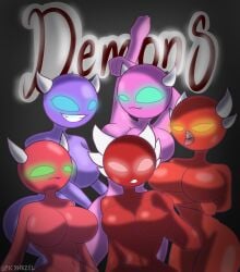 5girls artist_request big_breasts demon demon_girl easy_demon extreme_demon geometry_dash hard_demon insane_demon lipbite looking_at_viewer medium_demon multiple_girls options spicyhxzel_(artist) suggestive video_games