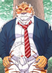 2021 anthro balls blush bodily_fluids closed_eyes clothing cum detailed_background edit ejaculation erection felid genital_fluids genitals hi_res humanoid_genitalia humanoid_hands humanoid_penis kemono male mammal necktie outside overweight overweight_male pantherine penis plant ryuta-h shirt solo sweat tears tiger topwear tree uncensored yellow_body