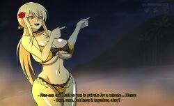 1girls beach big_breasts bikini blonde_female blonde_hair english_text female female_only hips huge_breasts large_ass large_breasts leo_(senran_kagura) nervous nervous_smile night oldhorrorz pale-skinned_female ponytail purple_eyes senran_kagura senran_kagura_(series) senran_kagura_new_wave senran_kagura_peach_beach_splash senran_kagura_shinovi_versus solo_female tagme text thick_ass thick_thighs yellow_bikini