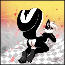 abstract_background anthro anus ass balls black_body black_fur feet fur genitals hair half-closed_eyes heart hi_res looking_back male mammal mephitid narrowed_eyes optibyte paws petals pinup pose red_eyes red_nose skunk soles solo watermark white_body white_fur white_hair white_tuft