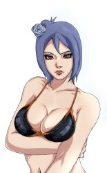 1girls arm_under_breasts big_breasts bikini bikini_top blue_hair breasts busty cleavage female female_only flower flower_in_hair fully_clothed hair_ornament konan long_hair looking_at_viewer makeup naruto naruto_(series) naruto_shippuden orangethunder2 piercing solo solo_focus swimsuit white_background