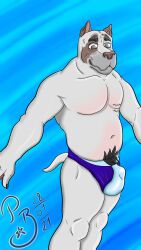 animal_humanoid anthro ass bulge canid canine canis clothing detailed_bulge digital_media_(artwork) domestic_dog emery_waldren fingers fur hi_res humanoid male mammal muscular muscular_male poochybig simple_background smile solo