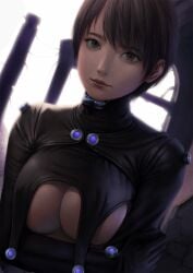 arm_under_breasts big_breasts brown_hair cleavage covered_nipples dark_hair female female_only gantz gantz_suit genderswap_(mtf) jchoy kei_kurono latex_suit looking_at_viewer rubber_suit rule_63 short_hair smile solo underboob upper_body