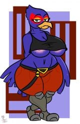 2021 anthro areola areola_slip avian beak belt big_breasts bird boots breasts clothed clothing curvy_figure falco_lombardi feathers female footwear hi_res kingretrokirby nintendo nipples non-mammal_breasts rule_63 small_clothing solo star_fox tagme thick_thighs under_boob unimpressed v-cut video_games voluptuous wide_hips