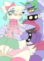 2girls avian big_breasts breasts canid canine canis female five_nights_at_freddy's five_nights_at_freddy's:_security_breach fur furry furry_only glamrock_chica_(fnaf) heart-shaped_pupils holding_breast lesbian puppychan roxanne_wolf_(fnaf) tagme tail yuri